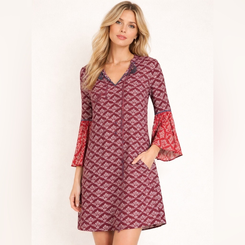 Likely Boho Patchwork Print Dress| Bell Sleeve Blouse | Size 2